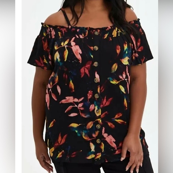 torrid Tops - Torrid Black Floral Smocked Cold Shoulder Size 1XL